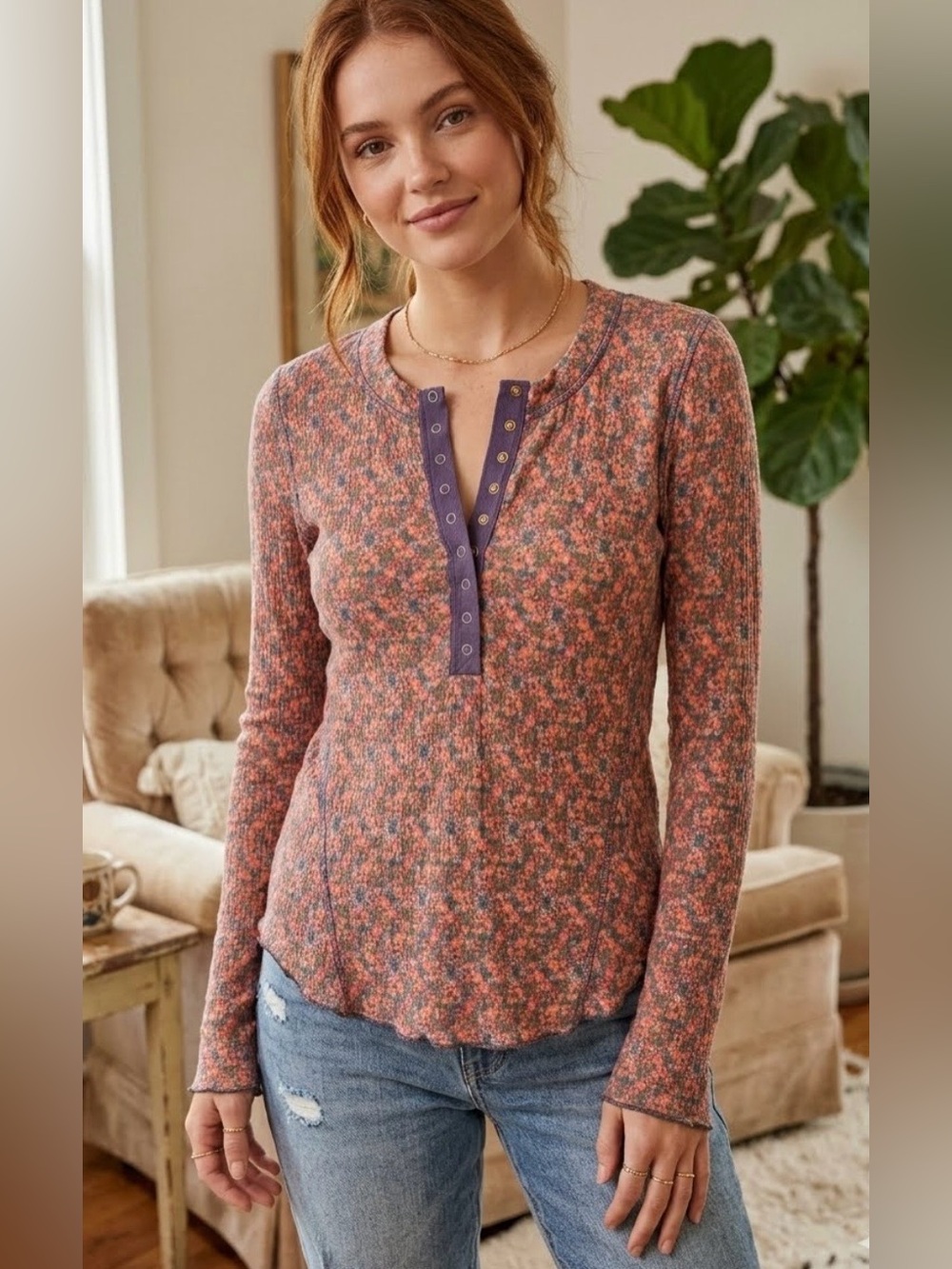 Natural Life Reagan Thermal Henley Long Sleeve Shirt Purple & Coral-Pink Size L